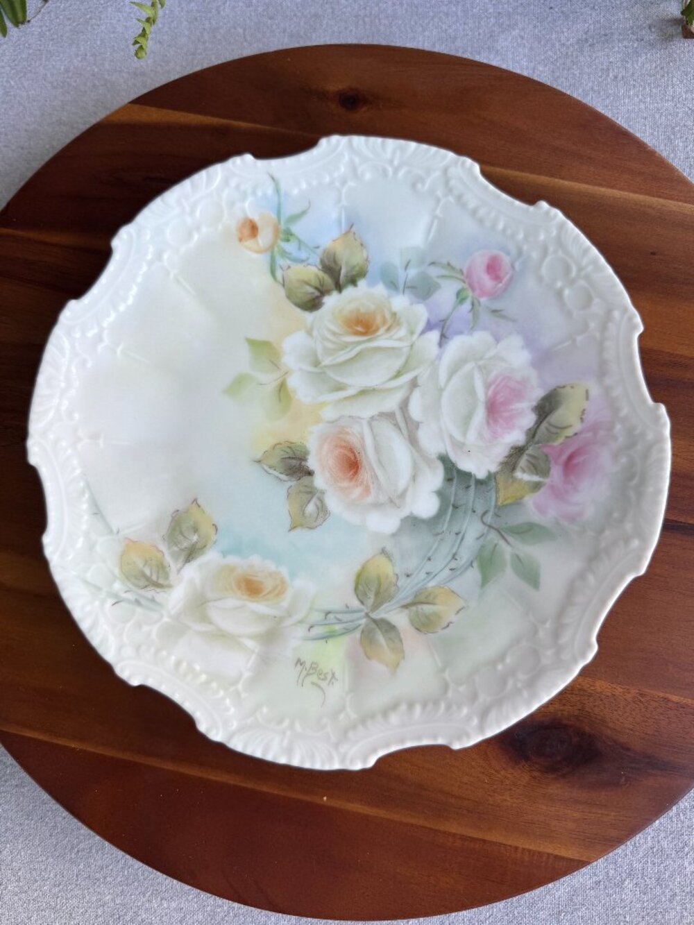 Bavarian Hand Painted Cabinet Plate – White Roses Signed M. Best